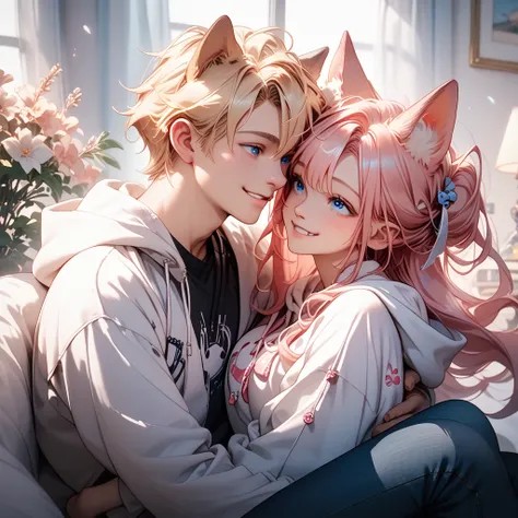 2characters, ((First female, (Long pink hair), Fox ears, Blue eyes,)), Black Shirt, White skirt, ((Second Male Short blonde hair, Dog ears, blue eyes, soft smile)), White hoodie, Black jeans, Hugging, Looking face to face