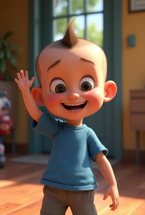  A cute boy happy s with shaved hair,  wearing a blue shirt and gray shorts  , With muffled noise in his ear  ,Barnet , Tom, Pixar style, ....3d, cartoons, detailed face, asymmetric 16k