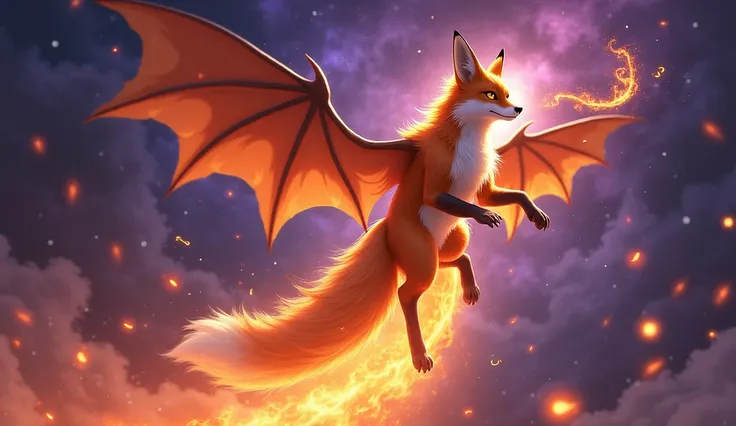 A fox with bat wings ,  rising to the skies amidst a trail of flames .
 The fox is surrounded by mystical symbols and runes.  The background is a starry sky with shades of purple and black .