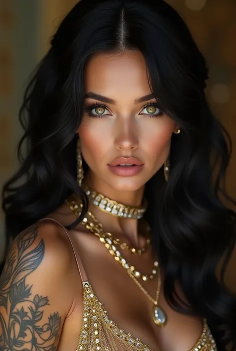 Professional digital photograph of a beautiful Russian woman, perfect face, exaggerately-long and super smooth black hair decorated with gold chains, diamonds, yellow-green eyes, natural and shiny, textured white skin, smooth, plump lips with gloss, beauti...