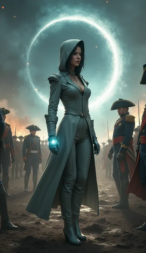 "A dramatic time-travel scene featuring Eclipse, the enigmatic time-traveling phantom, as she emerges from a swirling black hole in the fabric of time and steps onto a battlefield alongside Napoleon Bonaparte. Eclipse, with her jet-black hair partially hid...