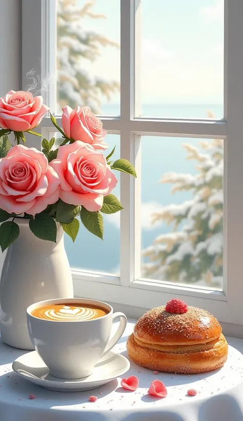 roses, coffee latte , sweet bun, still life,  snow-white tablecloth ,  from the window landscape , picture,  with colored pencils ,   light background, positive,  bright and joyful mood