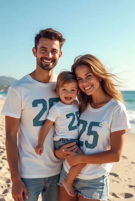 Image montrant un couple avec un enfant de 2ans tous portant des t-shirts où le derrière de mon t-shirt est écrit 99, t-shirt de ma femme 2k1 et 2k24 sur celui de notre enfant tous à la plage 