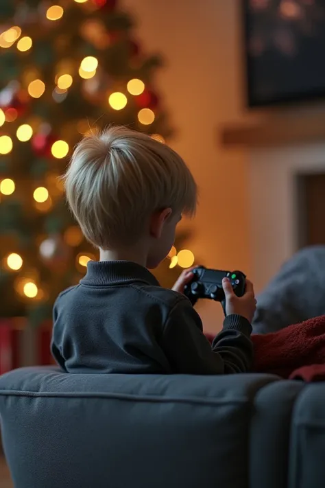 A little blond boy ,  sitting on a gray sofa ,  seen from the back he plays the soccer console to his left the Christmas tree 