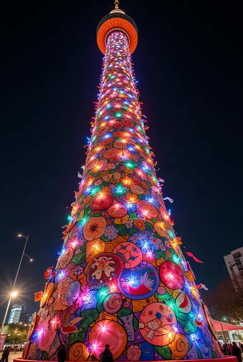 Piñata de la Torre Latino, which is located in Mexico City, with a series of Christmas lights entangled all over the tower. 