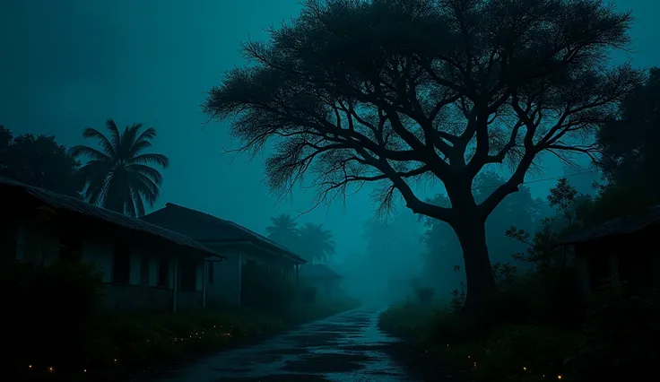 Generate Image: Illustrate the quiet village of Umuaro, Nigeria at night, under a starless sky. The environment should be eerie, with dense foliage, glowing fireflies, and shadows that suggest unseen spirits moving in the darkness. Include an imposing irok...