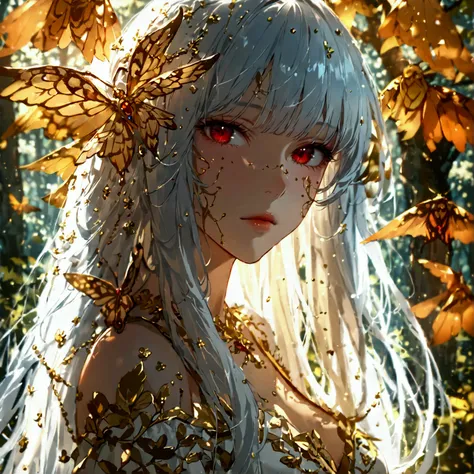 cowboy shot, Beautiful moth girl with long white hair,  white skin, And red eyes, In the woods with cinematic lighting, It&#39;s dark and there&#39;s little light. She is wearing a golden white dress, Her eyes were focused,  stares at viewers. Her skin is ...