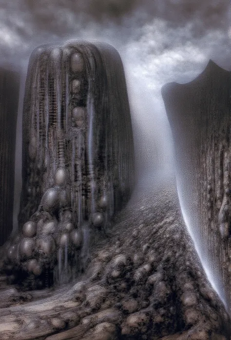 H. R. Gigers g1g3r, , Giger_style, H. R. Gigers g1g3r, , Giger_style, The image is a detailed view of H.R. Gigers " HRG NY City " plate, featuring  (Foreground: A towering, biomechanical volcano erupts, spewing lava and dark smoke. Its surface should be co...