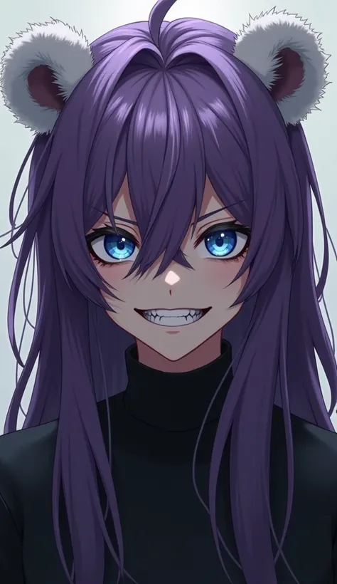 boy,solo, purple hair,old blue eye,long hair,Drunk, Evil Smile, Yandere, Anime, Anime Style, Panda Ears, 