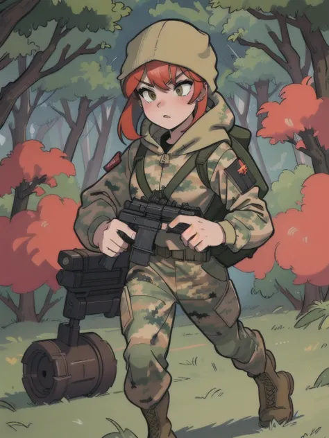 girl with red hair, with a camouflage jacket, camouflage balaclava, tactical backpack, tactical gloves,camouflage pants and army...