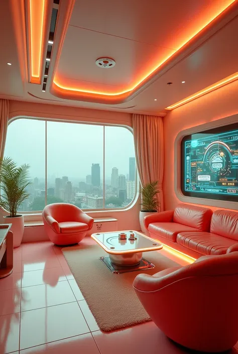  1950s interior , retrofuturistic style ,  with high technology 