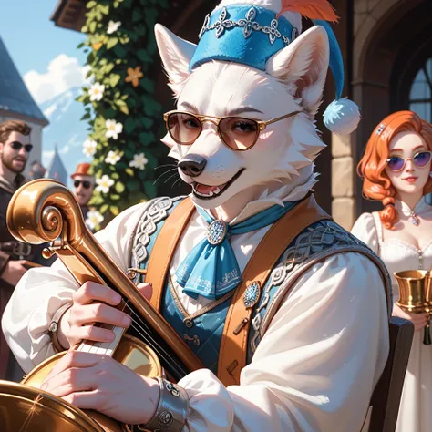 1 male, humanoid, arctic fox, medieval, playing the saxophone, sunglasses, jazz hat.