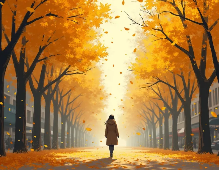 yellow leaves swirl over the city ,  with a soft rustle under your feet