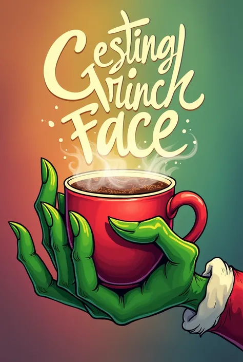 Create an image of a green Grinch-like hand holding a cup of coffee or hot cocoa with steam forming the words: ‘Resting Grinch Face’ in a playful, whimsical design