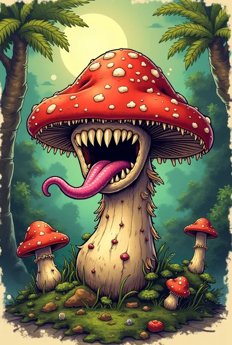  A tattoo of a mushroom with sharp teeth and (without eyes) sticking out his tongue in a forest  