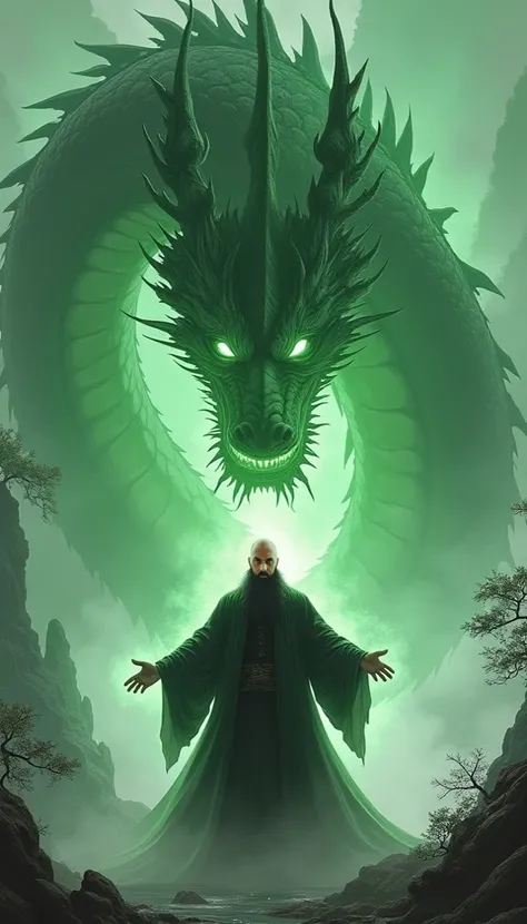 Chinese style，Average scene is，A handsome bald man with a black beard, 30 years old, stood in front of the huge green dragon，Stretch out your hands，Glow effects，Super realistic，Super realistic picture，Chinese black and white ink style，Britta，Color change，O...