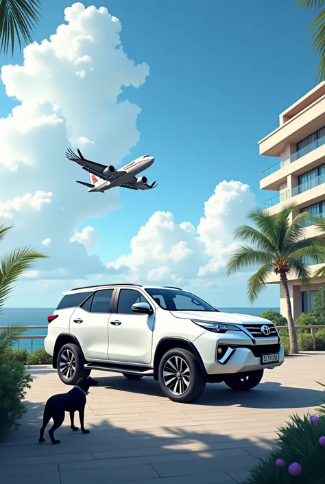 White Fortuner near hotel and sky fly egel and fly airplane and side the black dog