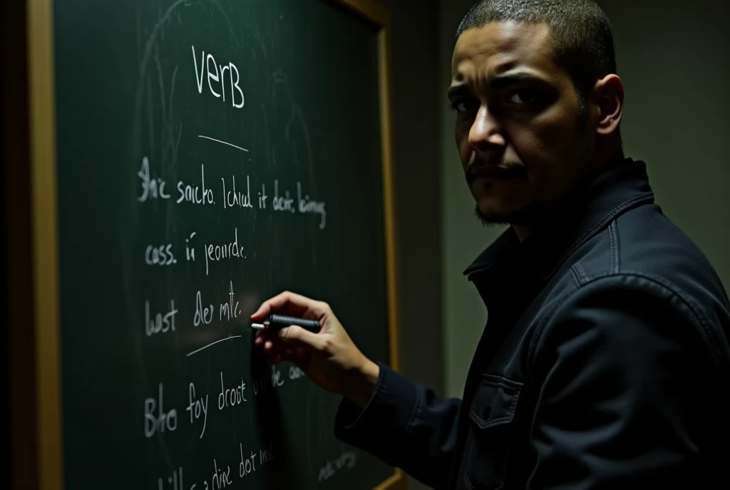 a handsome black man, teacher writing with chalk on the blackboard , are writing on a blackboard " Verb is a grammatical class that expresses actions ,  States ,  natural phenomena or other facts , localizando-os no time.  Verbs flex in person , Number, Mo...