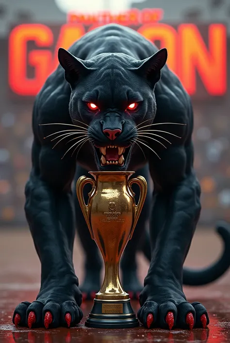 A giant panther with red eyes ,les griffes plein de song avec une expression faciale terrifiante tenant la coupe dAfrique avec sa queue et devant elle une pancarte avec écris panthère du Gabon.