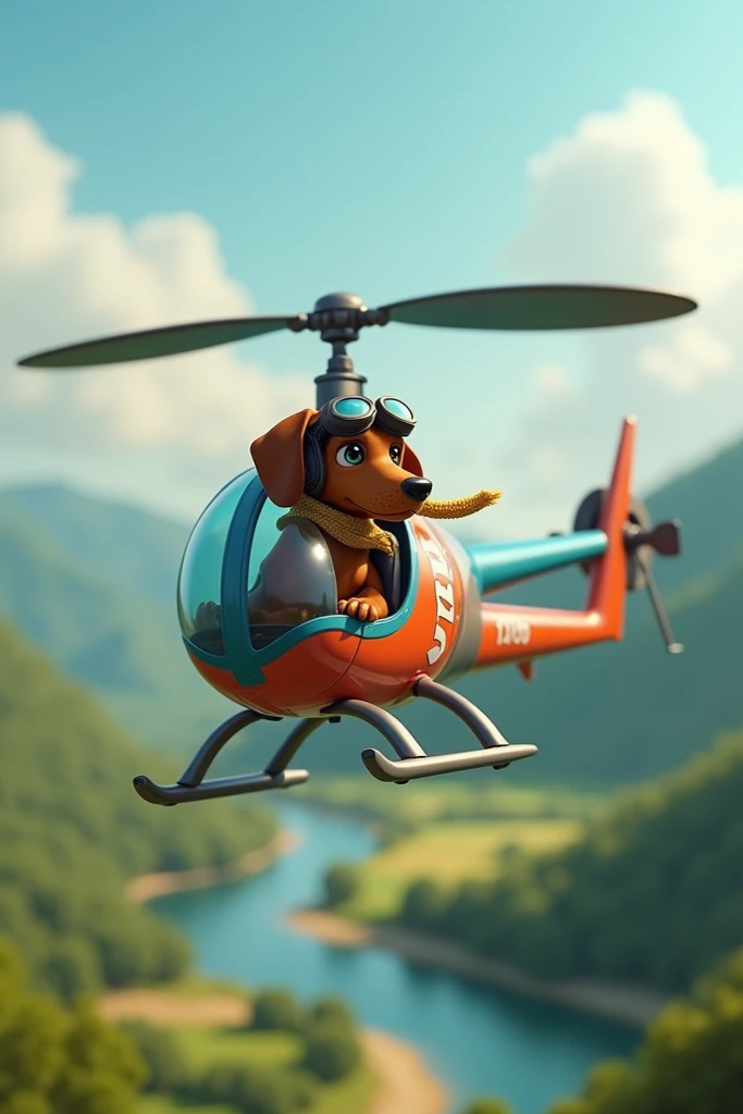 Dachshund driving a helicopter 