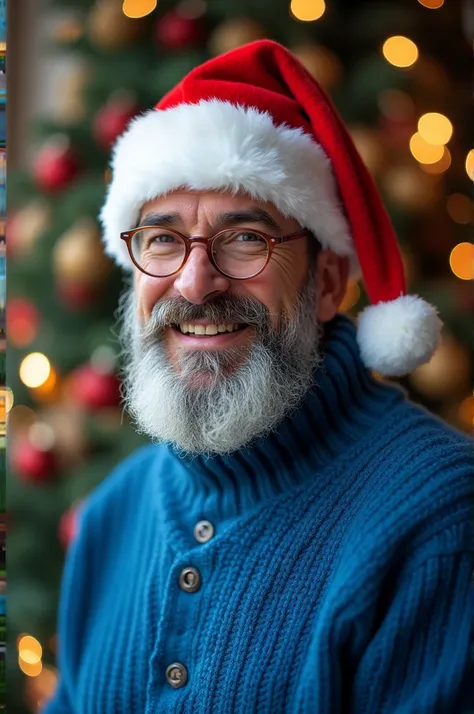 ren in strong blue sweater and Santa hat 
