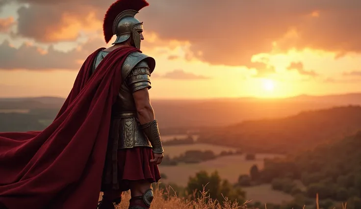 A stoic Roman general stands proudly atop a hill, overlooking a vast battlefield. His weathered armor gleams under the fading light of the setting sun, each dent and scratch telling a tale of countless victories. His eyes are sharp, filled with the determi...