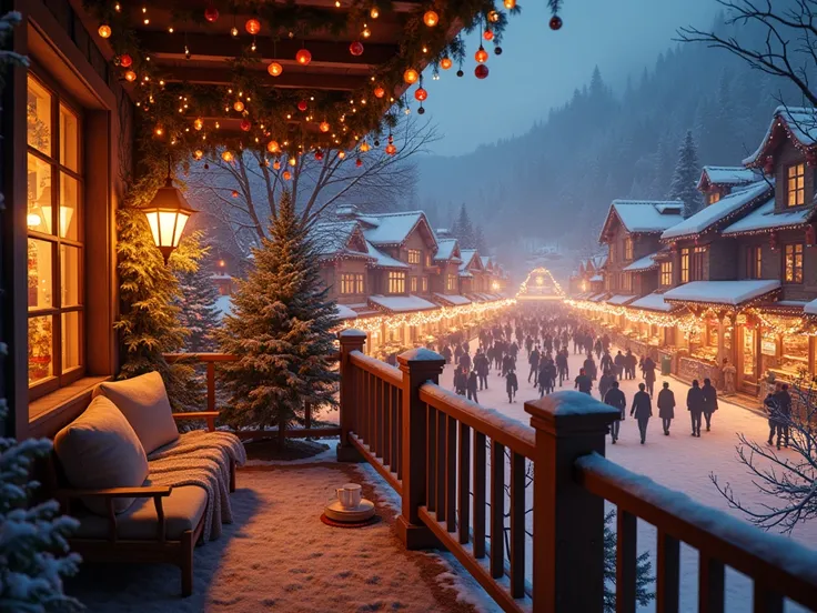 View from a Warm cozy balcony with Christmas decoration overlooking busy market with lights 