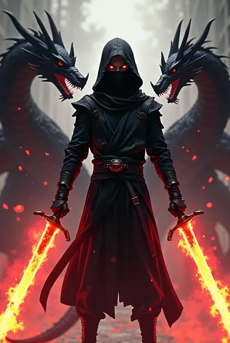 anime someone dressed in a black modern ninja outfit with two red swords covered in flames side by side with two black dragons