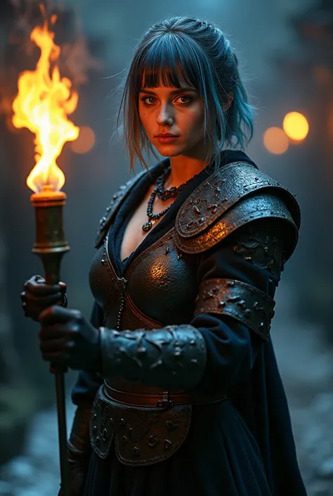 evil frozen witch girl, realistic, In a cyberpunk-inspired realm, Theme, stunning Danish woman, mature girl, dark eyeshadow, make-up,vshort hair, bangs, multicolored hair highlights, hair between eyes, wearing viking body armor, holding torch, on dark dung...