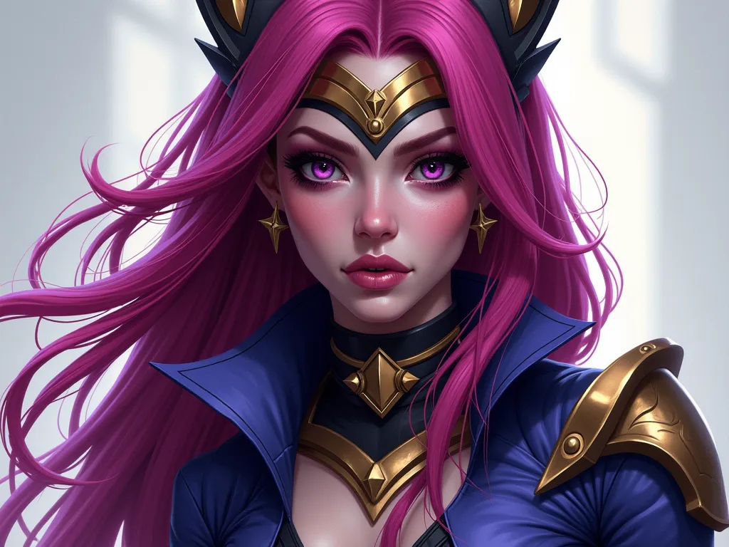  Draw the character Xayah from League of Legends in the artistic style of the Netflix series Arcane .  Make sure to that the design includes the following characteristic elements of Arcane :

 Detailed, textured painting style :  Use deep shadows and dramatic lighting to give a three-dimensional and realistic look.
 Vibrant and contrasting color palette : Use rich and saturated colors ,  with an emphasis on shades of purple , blue and gold.
 Clothing and accessories style :  Adapt the costume ayah to reflect the steampunk and futuristic style of Arcane , 
