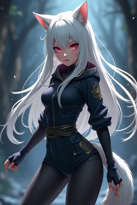  anime girl image, half wolf, long and white hair. with ninja clothes