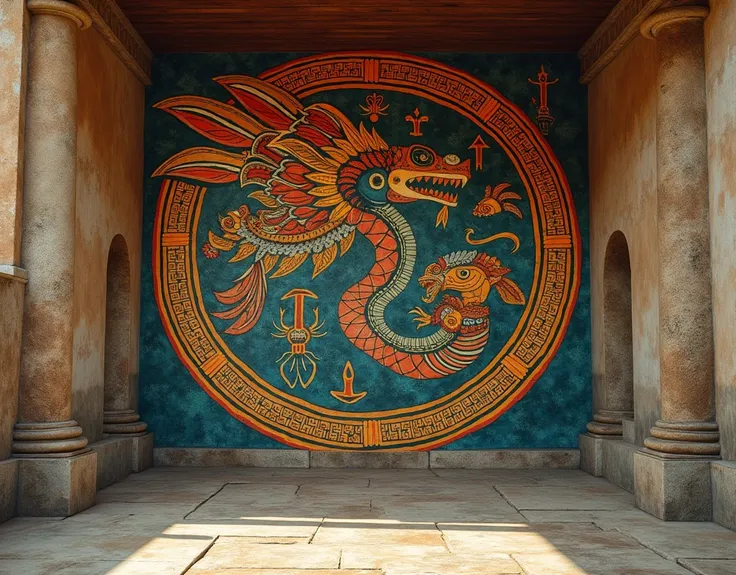 there is a drawing on the wall of a building with a snake, tribal ancient imagery, classic mayan mythology, portrait of quetzalcoatl, in the art style of quetzecoatl, quetzalcoatl, great mystical winged serpent, colchians painting, teocatl glyph, ditigal p...