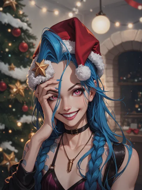 1girl, jinx \(league of legends\), solo, long hair, looking at viewer, smile, hat, jewelry, bare shoulders, blue hair, collarbon...