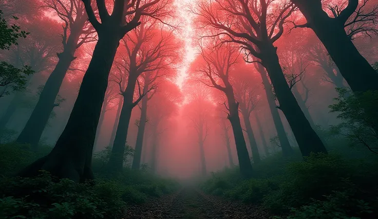 a wide angle scene of a dense misty wood with a red hue. the ancient, gnarled trees stretch upward, their bare branches silhouetted against a pale red, cloudy sky. The red mist swirls softly around the trees, adding an air of mystery. , (best quality,4k,8k...