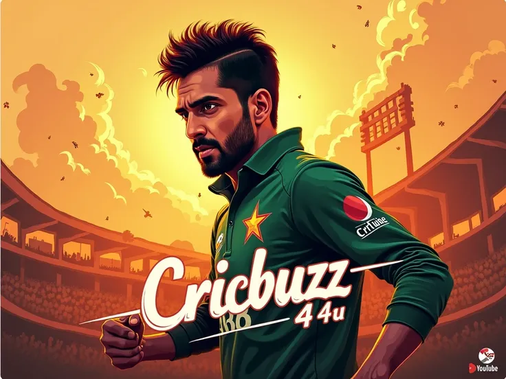 
a thrilling youtube banner for cricket chanal with name CricBuzz4u orange and brown illustrative with baber azam pic