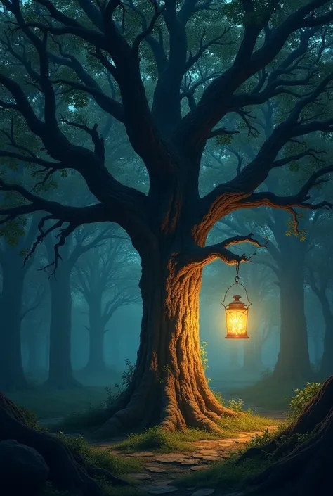 Tree illuminated by a lanter at night in a forest 