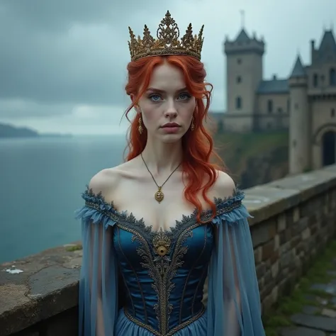  a red-haired woman , her hair up, pale skinned,  attractive features and with sapphire blue eyes . con maquillaje natural.  With a blue-gray dress , con corset,  with golden details and with chains .  With a golden crown on her head .  Supported by a wall...