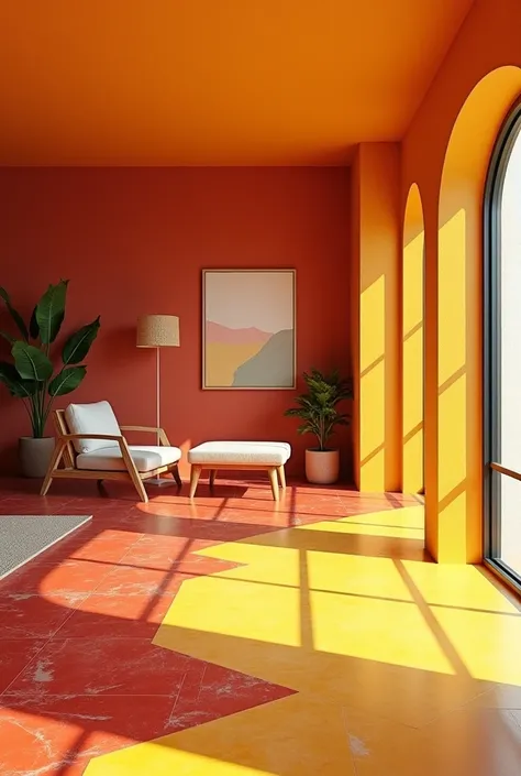  Images of rooms furnished in a simple but beautiful way , the floor must be red and yellow  ( a red and a yellow tile in an interspersed pattern )  where they combine with walls that have pleasant colors that match the floor 