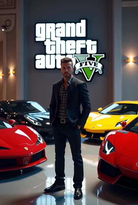 Create an image of a character from GTA V around several of the games luxury cars and place the games logo on the image as if it were a luxury car event 