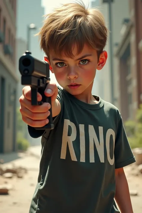 Boy with a gun in his hand and saying rino on his t-shirt