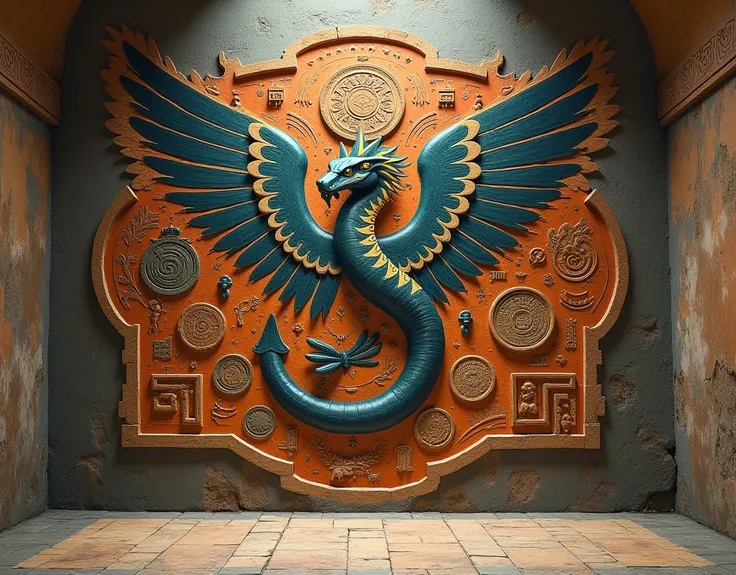 there is a drawing on the wall of a building with a snake, tribal ancient imagery, classic mayan mythology, portrait of quetzalcoatl, in the art style of quetzecoatl, quetzalcoatl, great mystical winged serpent, colchians painting, teocatl glyph, ditigal p...