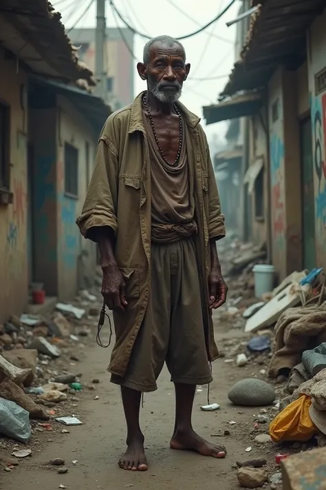 Une veille homme a la peau noir, où il y a beaucoup dordure et les vêtements sales ,pieds nue