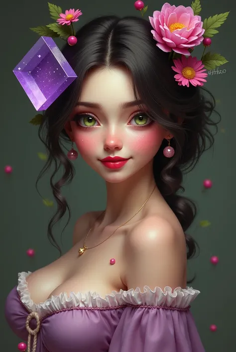  A sweet girl with a purple square and green eyes.  She has dimples on her cheeks and big breasts , she has bright red lipstick and a straight nose 