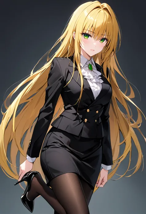 tearju moody, blonde hair, green eyes, long hair, hair intakes, bangs,  black suit、 black pencil skirt 、 black pantyhose、 black ...