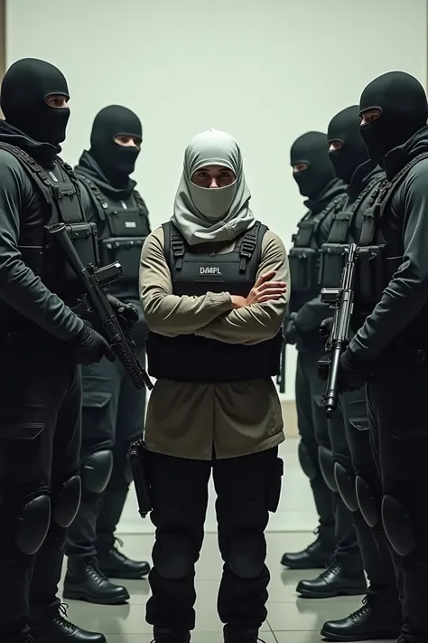 6 Tall and Strong Men, wearing black tactical gear and white balaclavas, holding guns, in front of them a woman with her arms crossed wearing tactical clothing and a white balaclava, holding a glock 