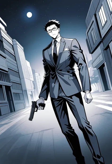 mange style,masterpiece,best quality,good quality,newest,newest,general,cinematic angle,monochrome,BREAK 1man,solo,40yo,glasses,Mens suits,holding_handgun,standing,BREAK serious atmosphere,street,moon,detailed background,