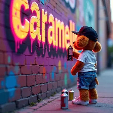 "A vibrant street art scene featuring an ultra-realistic caramel colored puppy in a white t-shirt, black cap, and blue ripped shorts, with white sneakers holding a spray can, facing a brick wall. The wall features the word CARAMELLO MARSHMALLOW in bright, ...