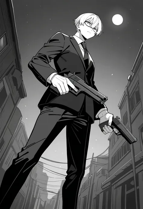 mange style,masterpiece,best quality,good quality,newest,newest,general,cinematic angle,monochrome,BREAK 1man,solo,40yo,glasses,black suits,holding_handgun,standing,BREAK serious atmosphere,street,moon,detailed background,