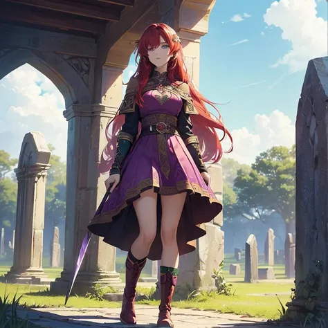 Masterpiece, HD, High Resolution, Best Quality, High Quality, High Details, Super Detailed. High fantasy genre, fantasy artwork. Solo character alone.
{{(A 25-years-old scarlet-red-haired barbarian girl warrior in casual-clothes:(appearance: fair skin. Sho...