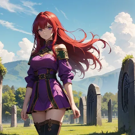 Masterpiece, HD, High Resolution, Best Quality, High Quality, High Details, Super Detailed. High fantasy genre, fantasy artwork. Solo character alone.
{{(A 25-years-old scarlet-red-haired barbarian girl warrior in casual-clothes:(appearance: fair skin. Sho...